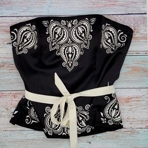 White House Black Market, strapless, black and white,  belted zip up top